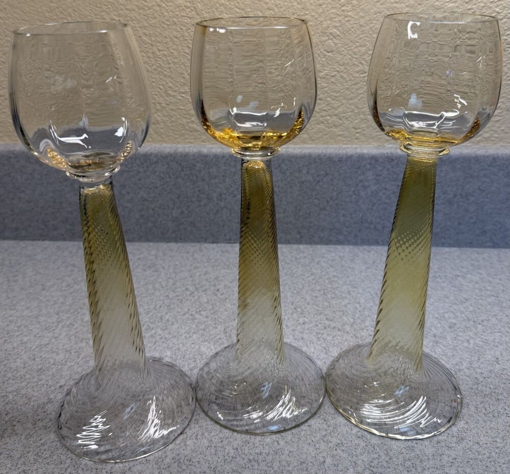 3 - Antique Rheinische Glashütten Cologne-Ehrenfeld Rhine Wine Glasses c.1900